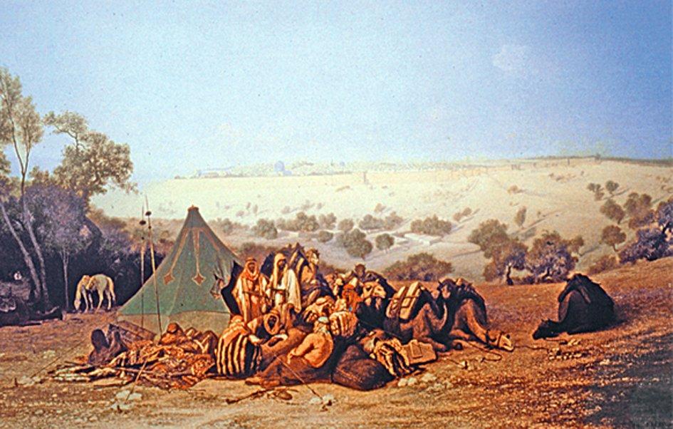 Sahrada çadır önünde dinlenen bedevîleri gösteren Théodore Frère’in yağlı boya tablosu (L. Thornton, Les Orientalistes peintres et voyageurs 1828-1908, Paris 1985, s. 183)