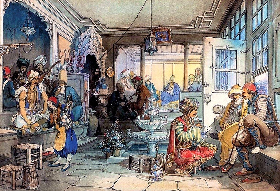 Amedeo Preziosi’nin bir Türk kahvehanesini tasvir eden 1858 tarihli renkli taşbaskı gravürü
