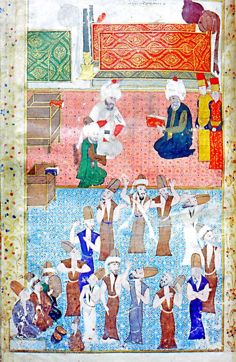 Nusretnâme’de Âlî’nin Serdar Lala Mustafa Paşa ile Konya Mevlevîhânesi’ni ziyaretini tasvir eden bir minyatür (Nusretnâme, TSMK, Hazine, nr. 1365, vr. 36a)