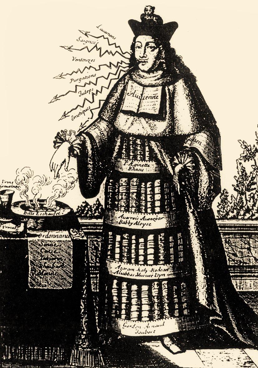 İbn Sînâ’yı tıbbın esas gövdesi, Hipokrat’ı sağ, Câlînûs’u da sol kolu olarak gösteren XVII. yüzyıl sonuna ait “Habit de Medecine” adlı resim