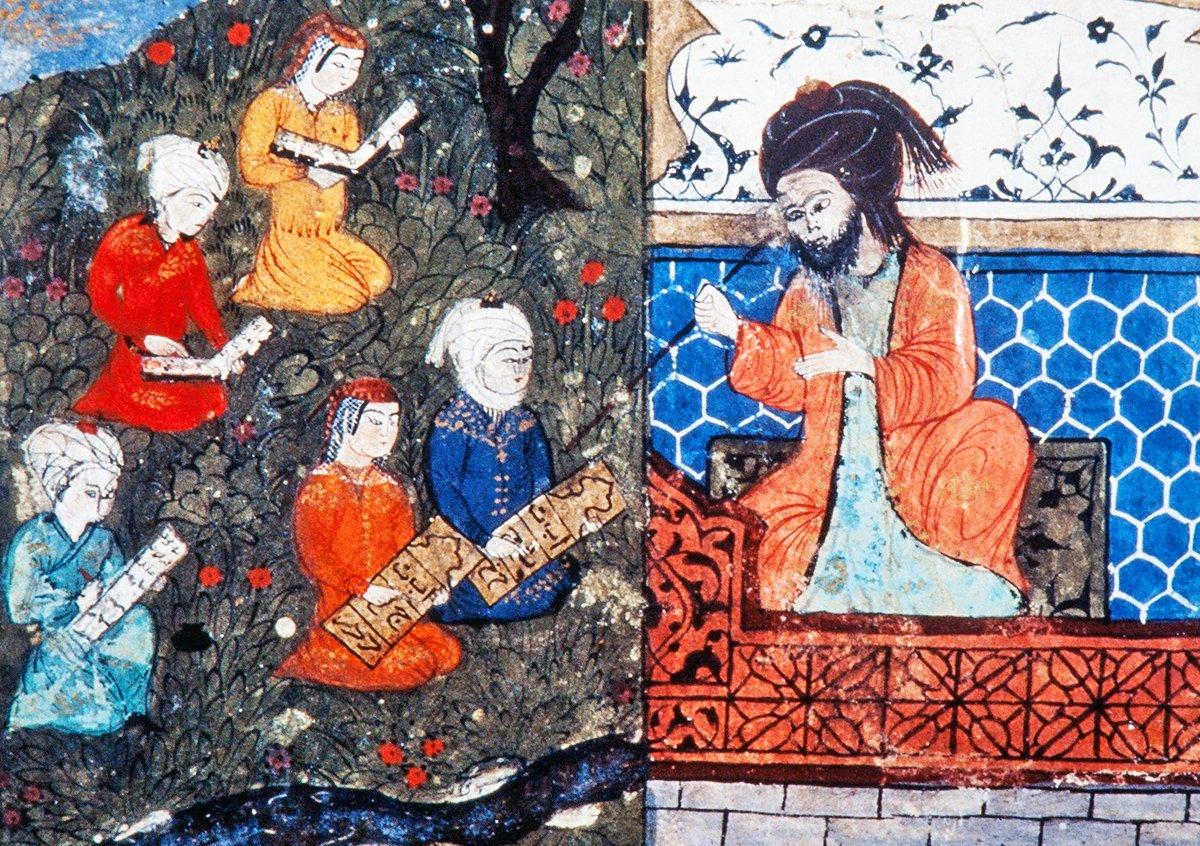 Kays ile Leylâ’nın mektepte birlikte okumalarını tasvir eden bir başka minyatür (Londra British Library, Or., nr. 405)