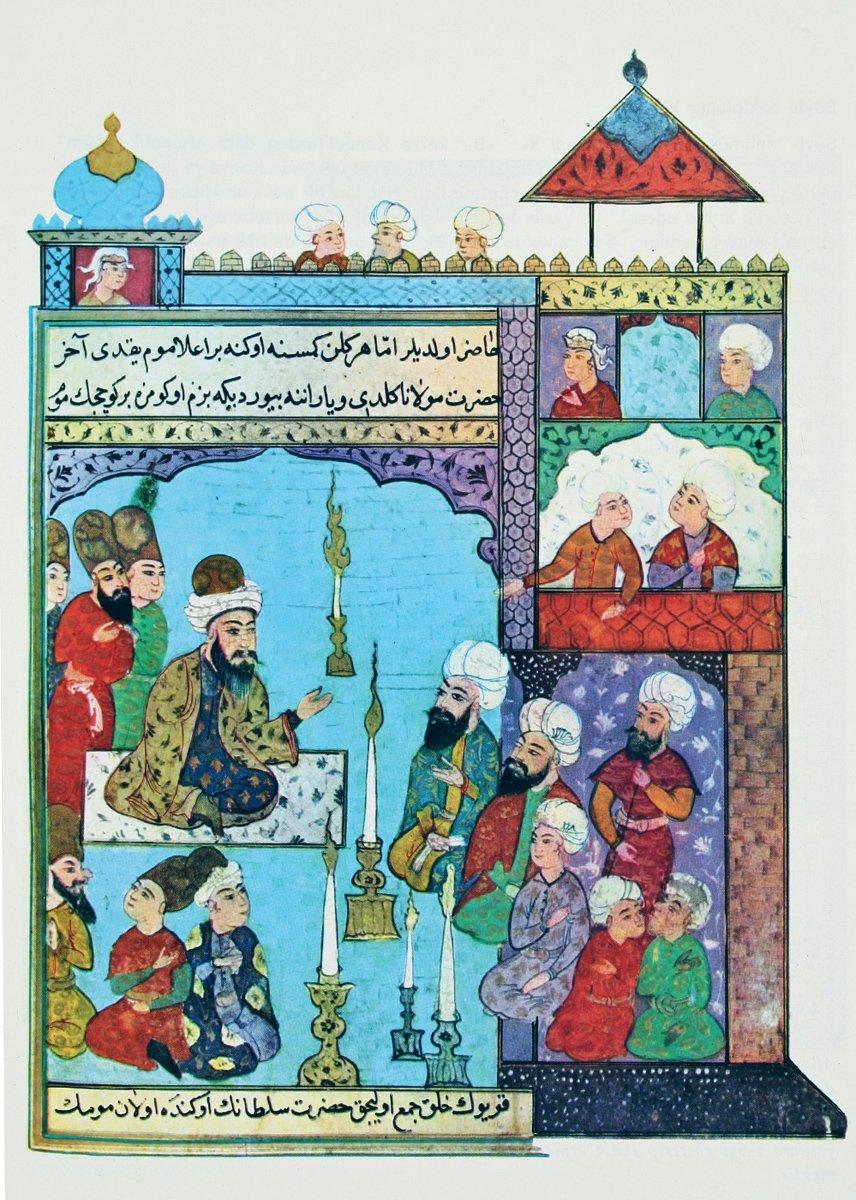 Mevlânâ’yı halkla sohbet ederken gösteren bir minyatür (TSMK, Revan Köşkü, nr. 497, vr. 82b)