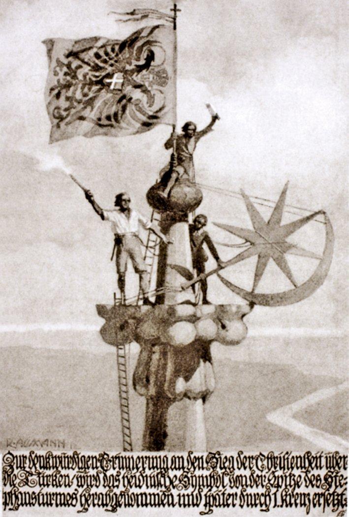 St. Stephan Katedrali’ndeki Türk aleminin Alman bayrağı ile değiştirilmesini gösteren 1930’lu yıllara ait kartpostal