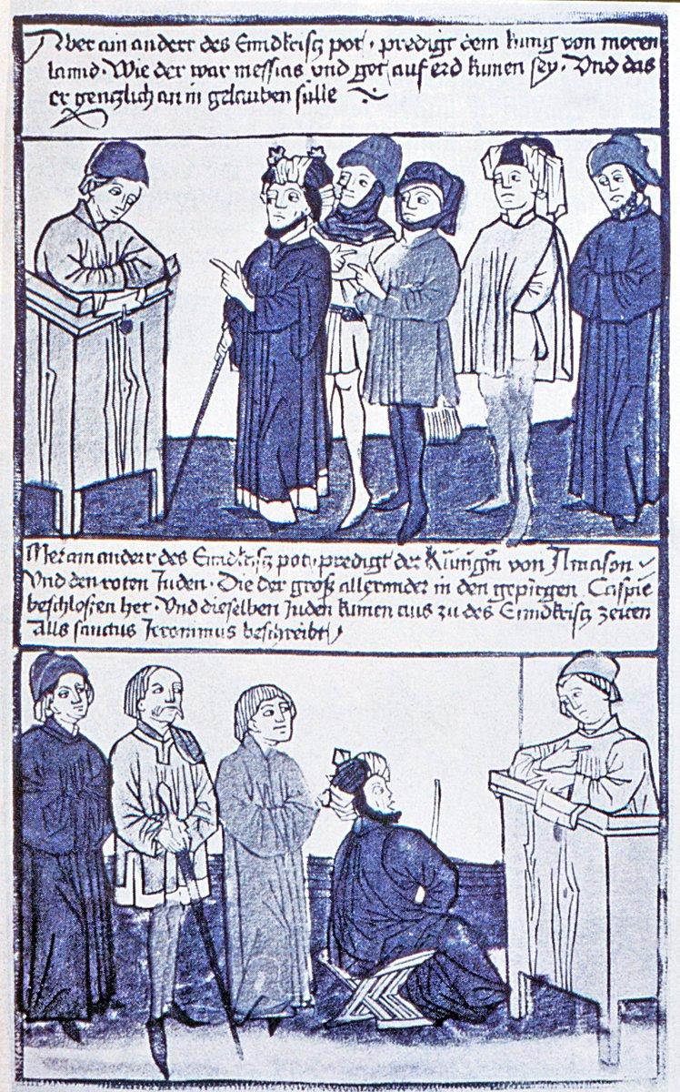 XV. yüzyıla ait Almanca anonim bir eserde yahudiler tarafından desteklenen deccâli tasvir eden iki resim (EJd., III, 61)