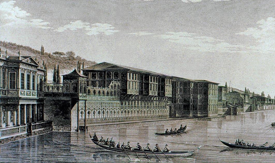 Hatice Sultan Sahilsarayı’nın Melling tarafından yapılan gravürü (Voyage pittoresque de Constantinople et des rives du Bosphore, Paris 1819, lv. 125)