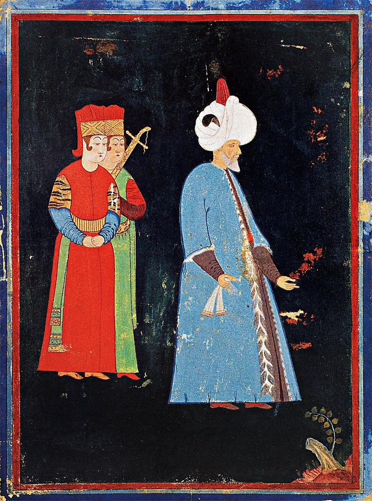 Kanûnî Sultan Süleyman’ı iki has oda ağasıyla birlikte tasvir eden minyatür(TSMK, Hazine, nr. 2134, vr. 8a)