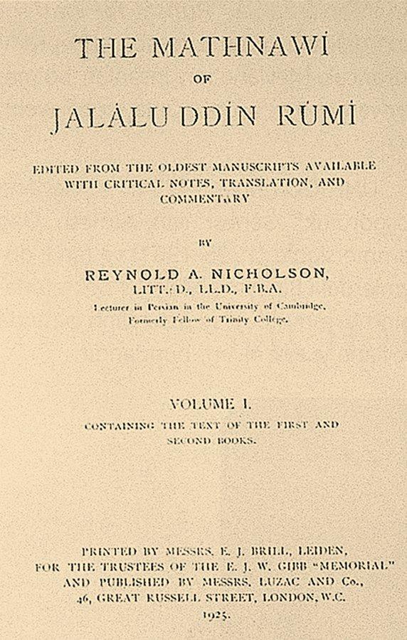 Nicholson’un sekiz ciltlik Mes̱nevî neşri tercümesi ve şerhinin I. cildinin kapağı (London 1925)