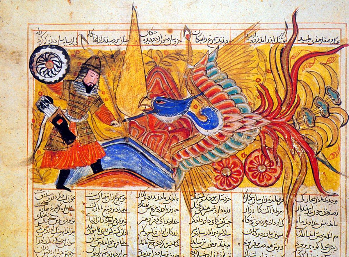 İsfendiyâr’ın ejderhayı öldürmesini gösterenbir minyatür (Firdevsî, Şâhnâme, TSMK,Hazine, nr. 1479, vr. 145a)