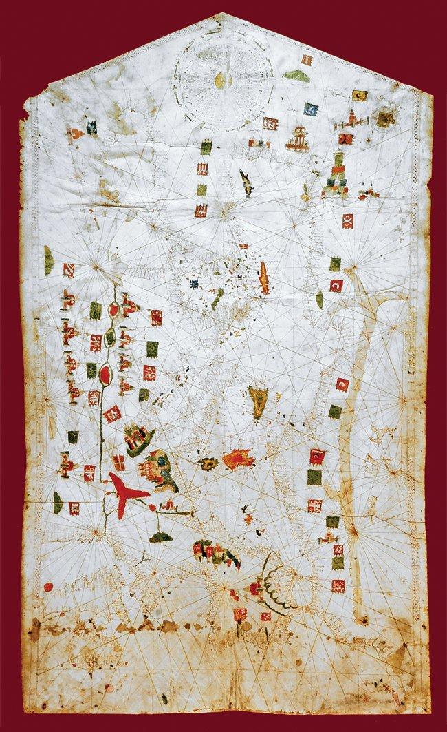 865 (1461) yılında Trablusgarplı İbrâhim tarafından deri üzerine resmedilen Akdeniz haritasındaki bayraklar (İstanbul Deniz Müzesi)