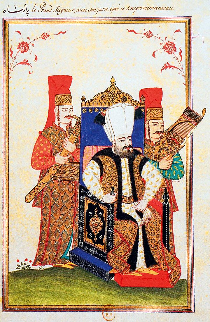 Sultan II. Süleyman’ı tahtında gösteren bir minyatür (Paris Bibliothèque Nationale, Cabinet des Estampes, Od nr. 6)