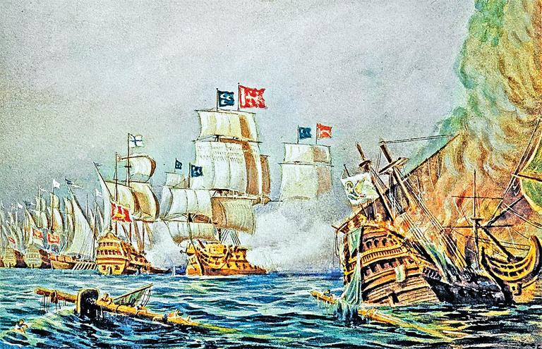 Osmanlı donanmasının 1106 (1695) yılında Koyun Adaları Savaşı’nda kullandığı bayrakları gösteren bir tablo (Hasan Hüsnü Tengüz Albümü, İstanbul Deniz Müzesi, nr. 578)