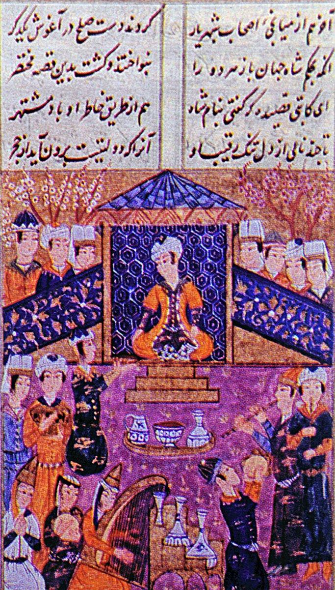 Şemseddin Kâtibî’nin şahın huzurunda kaside okuyuşunu gösteren bir minyatür (Külliyyât-ı Kâtibî, TSMK, Revan Köşkü, nr. 989, vr. 93a)