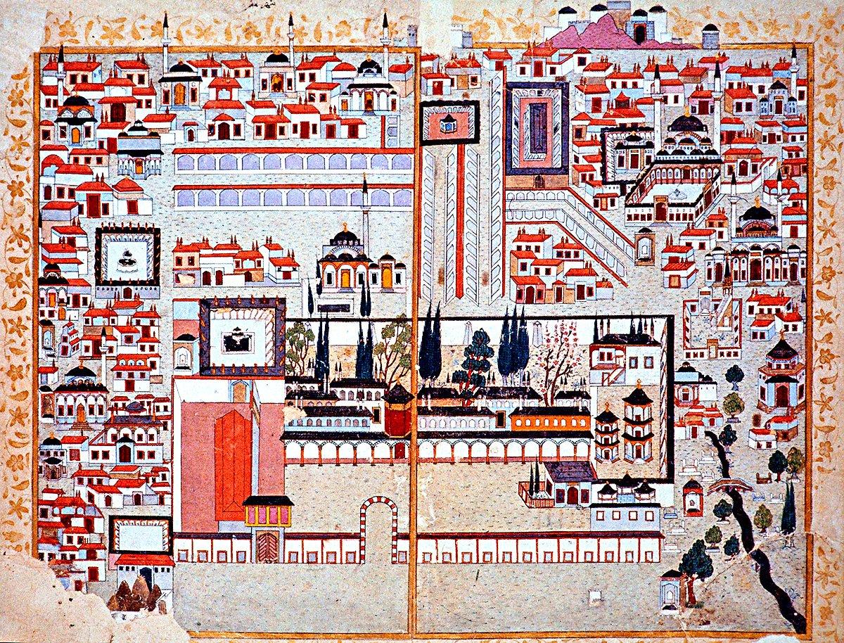 XVI. yüzyılın sonlarında Manisa Sarayı’nın minyatürü (Şemâilnâme-i Âl-i Osmân, TSMK, III. Ahmed, nr. 3592, vr. 10b-11a)