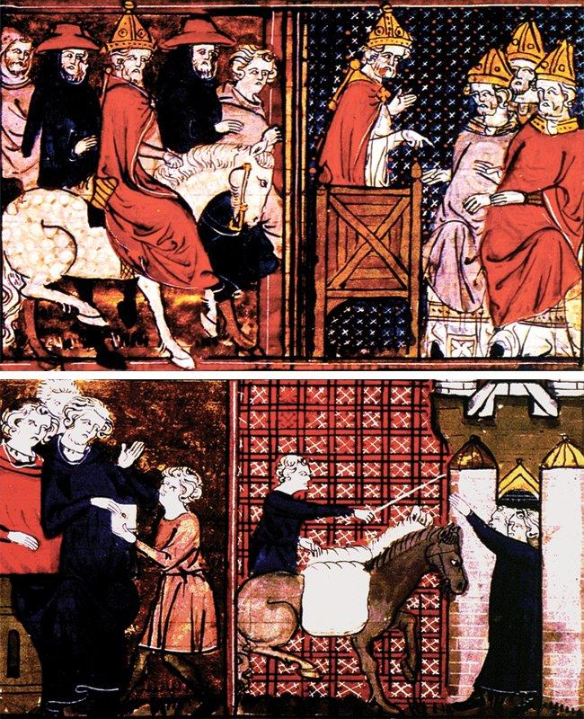 Papa II. Urbanus’un Fransa’ya gidişini (üstte solda), Clermont Konsili’nde papanın Haçlı seferine çağrısını (üstte sağda) ve Antakya kuşatması sırasında habercinin dışarıya gelmesini (altta)tasvir eden minyatür (Runciman, s. 33)