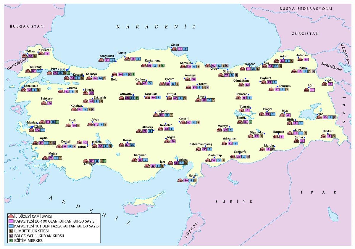 Türkiye Diyanet İşleri Başkanlığı hizmet binalarının dağılımını gösteren harita (1993)