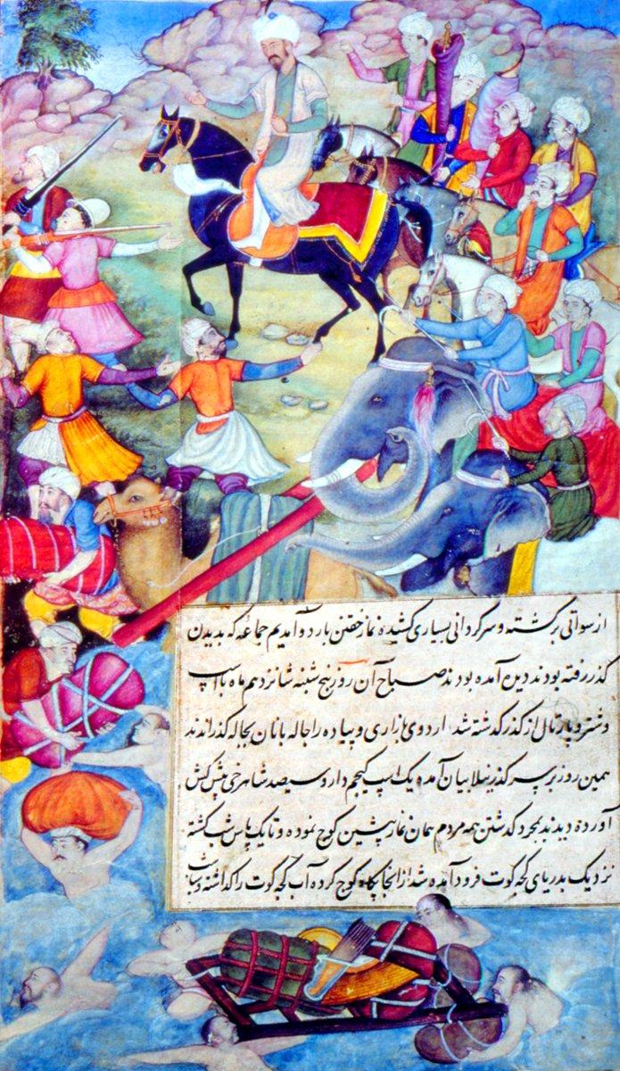 Orduda nakliye kolunda kullanılanfilleri tasvir eden bir minyatür(Bâbürnâme, British Museum, nr. 1920.10.1103)