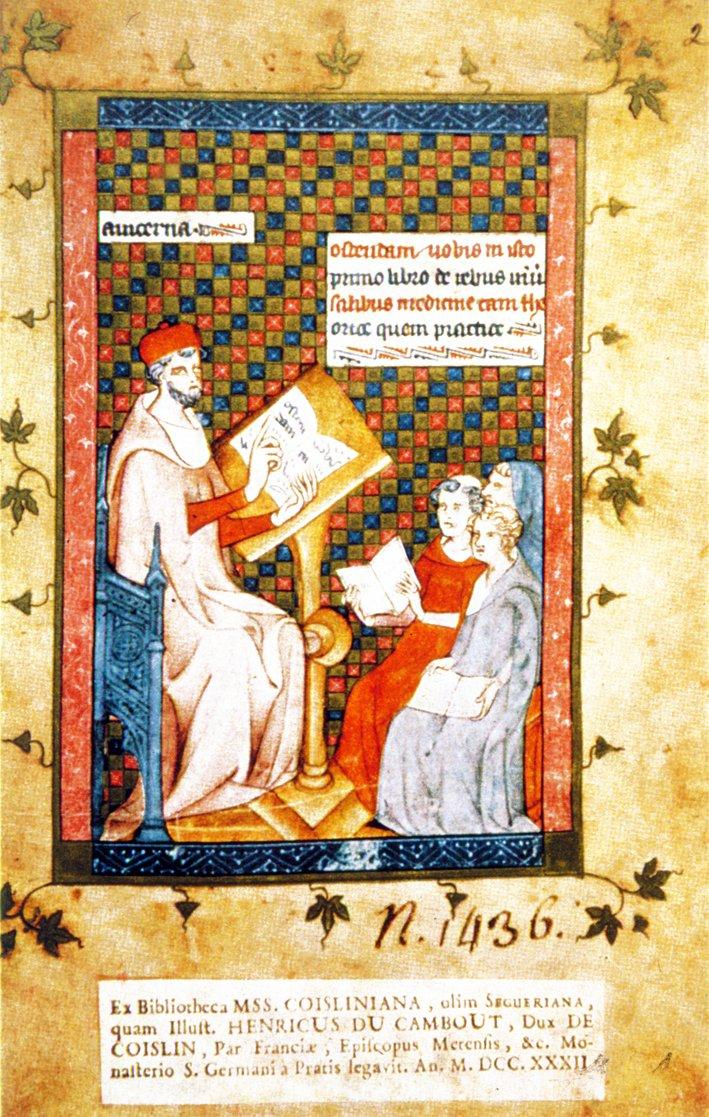 İbn Sînâ’nın el-Urcûze fi’ṭ-ṭıb adlı eserinin Latince tercümesinde İbn Sînâ’yı ders verirken gösteren minyatür (Paris Bibliothèque Nationale, nr. 1436, vr. 2a)