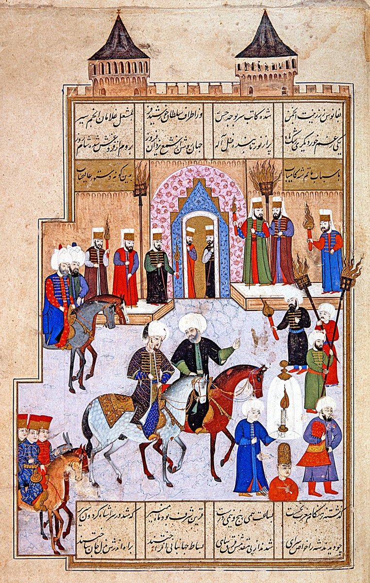 XVI. yüzyıla ait bir yazma eserde Bâbüsselâm ve III. Murad’ın saraya gelişini tasvir eden bir minyatür (Şehinşâhnâme, İÜ Ktp., FY, nr. 1404, vr. 8a)