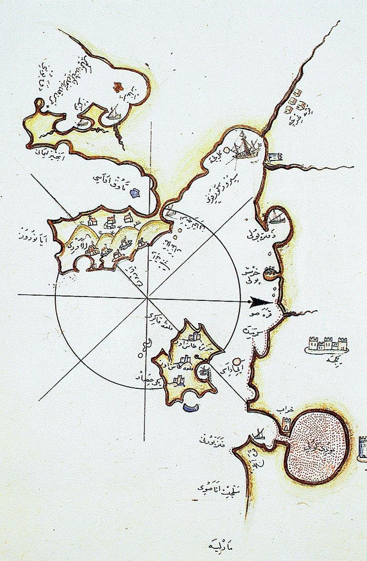 Kitâb-ı Bahriye’de Taşoz adası ve çevresini gösteren harita (Süleymaniye Ktp., Ayasofya, nr. 2612, vr. 55b)
