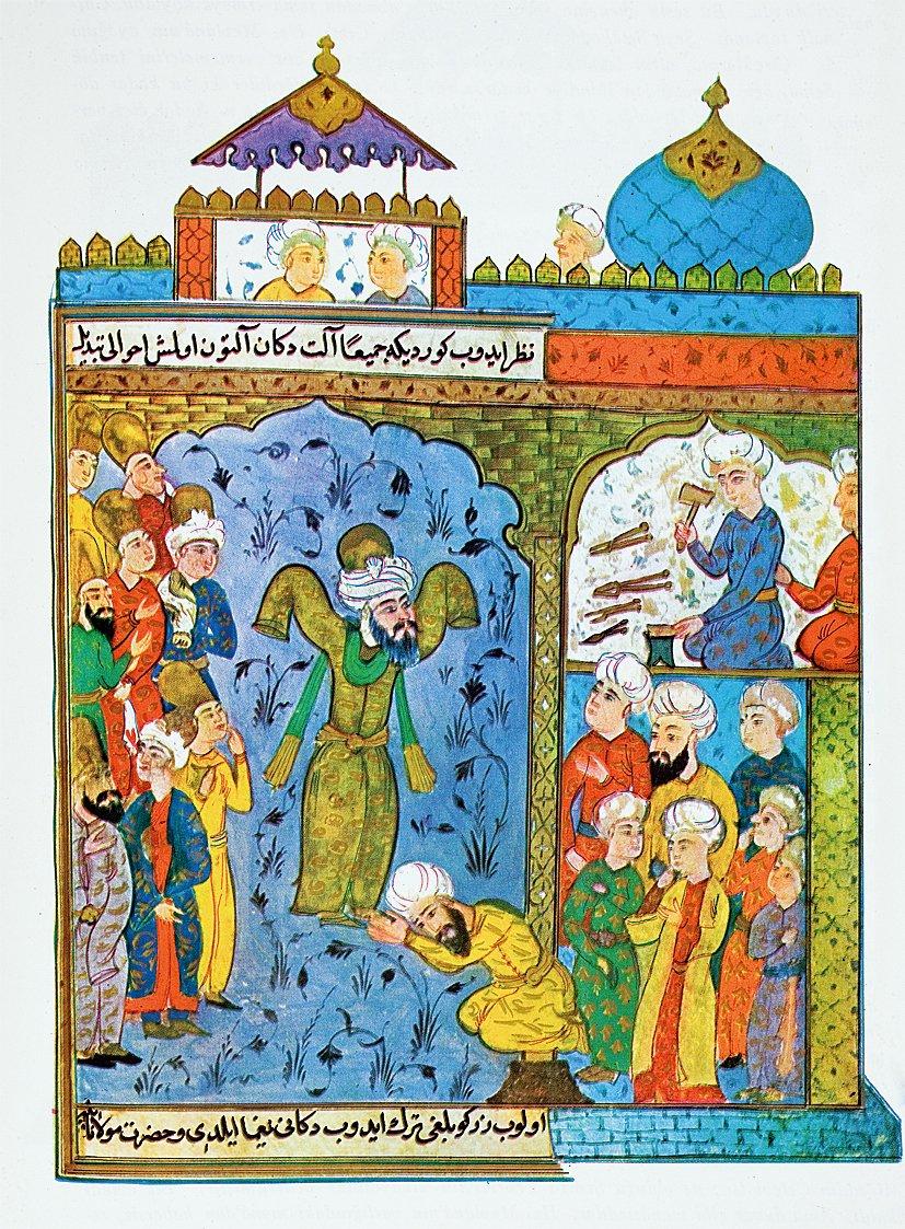 Selâhaddîn-i Zerkûb’u Mevlânâ Celâleddîn-i Rûmî ile gösteren bir minyatür (Tercüme-i Sevâkıbü’l-Mevâkıb, TSMK, Revan Köşkü, nr. 497, vr. 219b)