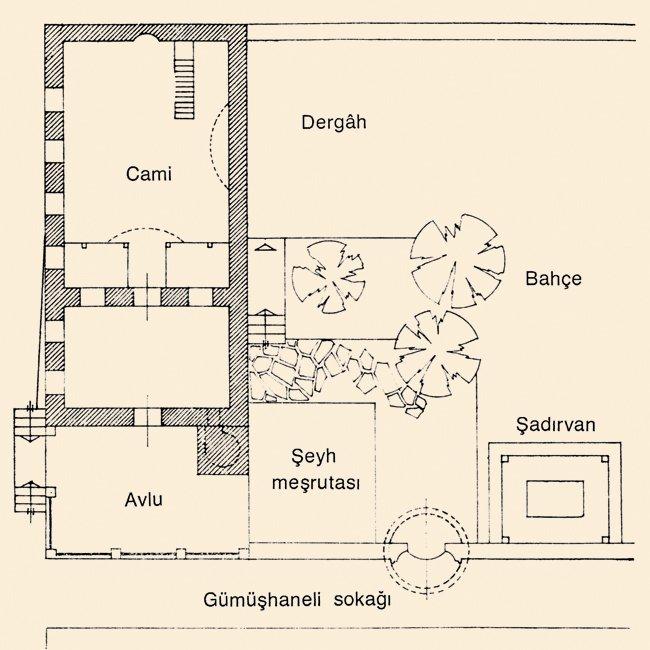 Fatma Sultan Camii ve Gümüşhânevî Tekkesi’nin tahmini krokisi (İÜ İktisat Fakültesi Mecmuası, XLIII, 511, rs. 20)