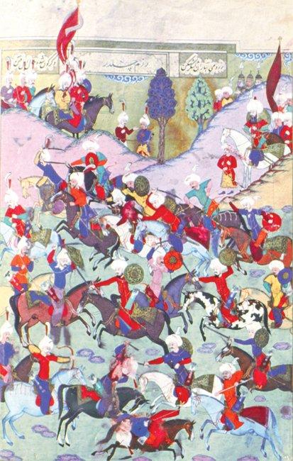 1578’de Osmanlılar’la Safevîler arasında yapılan Çıldır Savaşı’nı gösteren bir minyatür (Şehinşâhnâme, İÜ Ktp., FY, nr. 1404, vr. 72b)