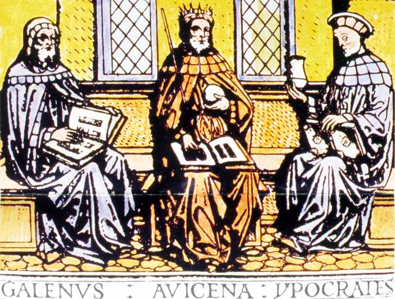 el-Ḳānûn fi’ṭ-ṭıbb’ın 1510’da Pavia’da yayımlanan Latince tercümesinde İbn Sînâ’yı tıbbın hükümdarı gibi tahtta otururken Hipokrat ve Câlînûs ile gösteren resim