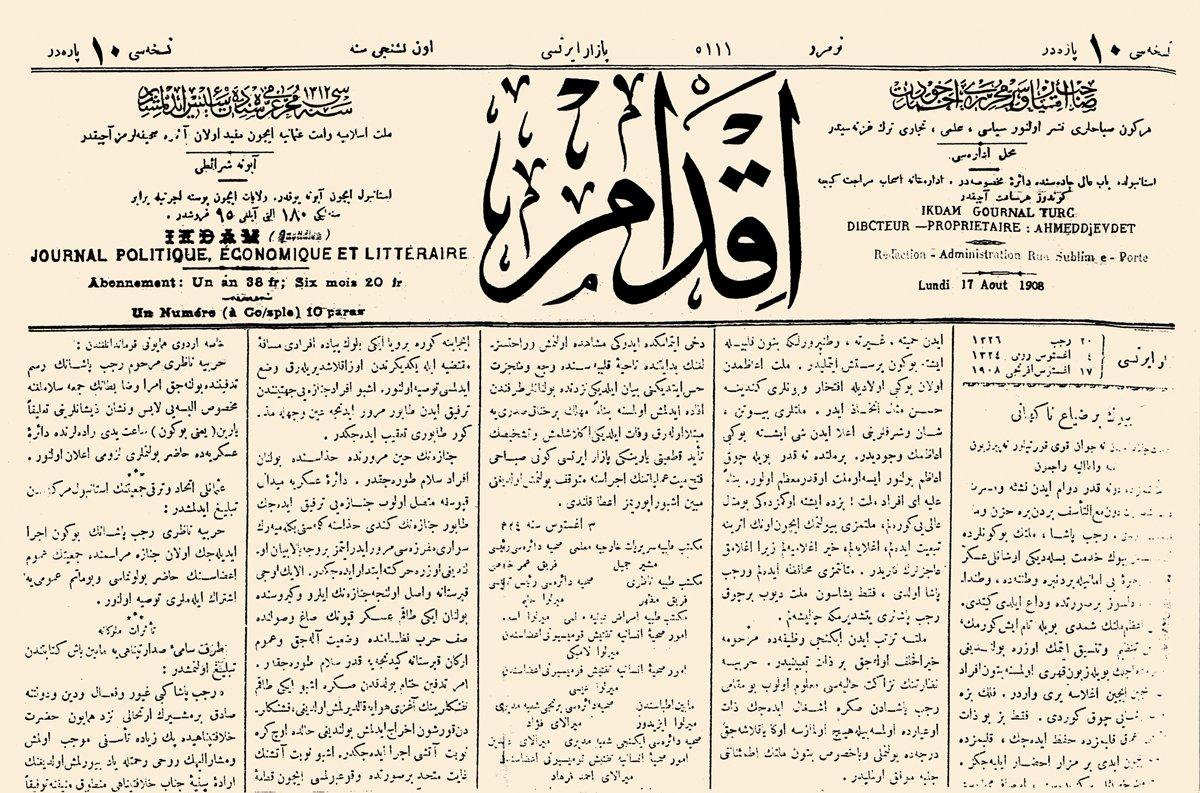 İkdam gazetesinin 17 Ağustos 1908 tarihli nüshasının ilk sayfasından detay