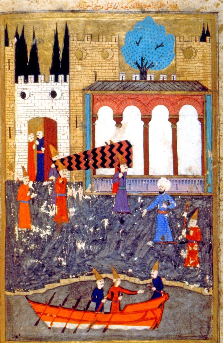 Makbul İbrâhim Paşa’nın cenazesinin Topkapı Sarayı’ndan çıkarılışını gösteren bir minyatür (Hünernâme, II, TSMK, Hazine, nr. 1524, vr. 165b)