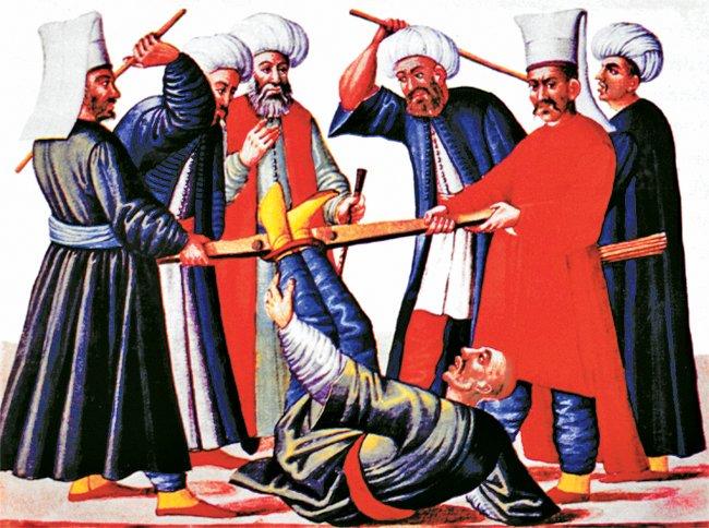 Bir suçluya falaka cezasının uygulanışını gösteren minyatür (Codex Vindobonensis, Österreichische Nationalbibliothek, nr. 8626)