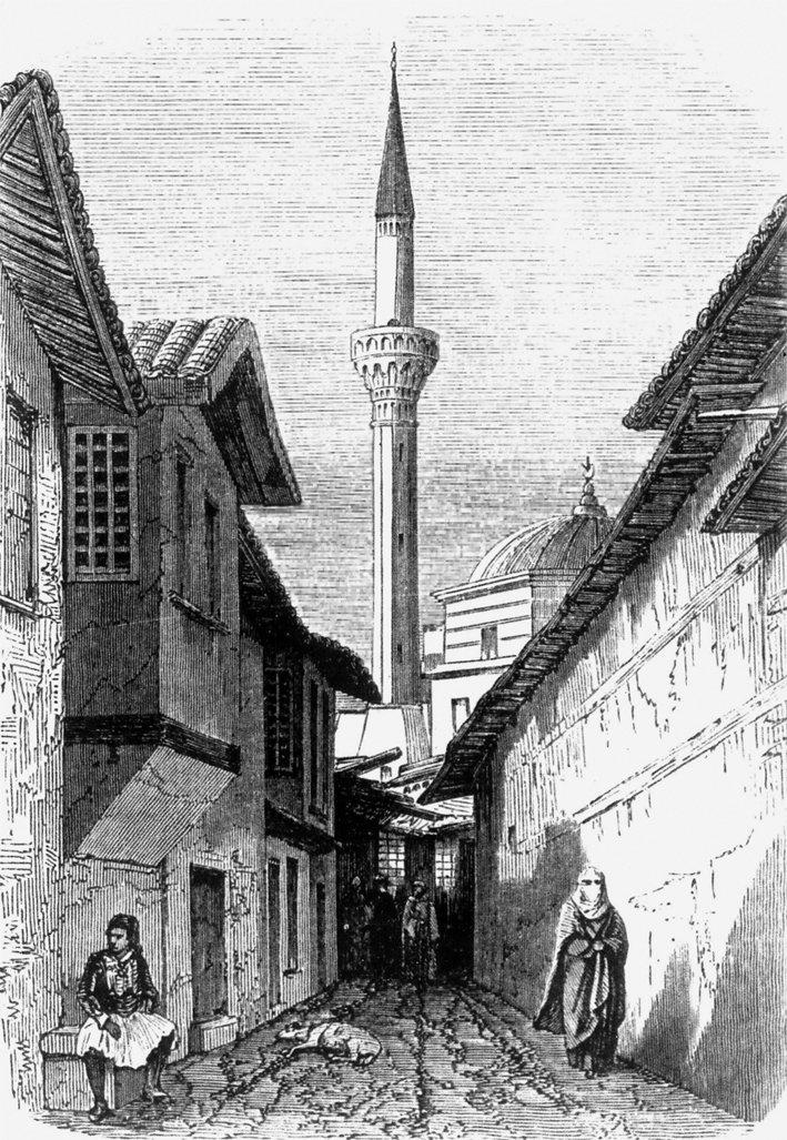 Yenişehir’deki bir sokağı gösteren XIX. yüzyılın ortalarına ait gravür (Th. Paliougas arşivi)