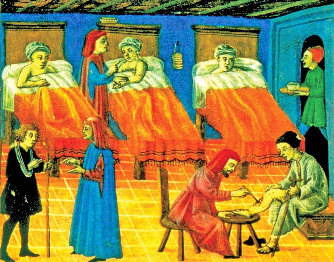 İbn Sînâ’nın el-Ḳānûn fi’ṭ-ṭıbb’ının XV. yüzyıla ait Latince nüshasında, hastahane odasında hastanın bacağındaki yaranın cerrahî müdahale ile tedavisini gösteren resim (Floransa Biblioteca Medicea Laurenziana, MS, Gaddi, nr. 24, vr. 247v)
