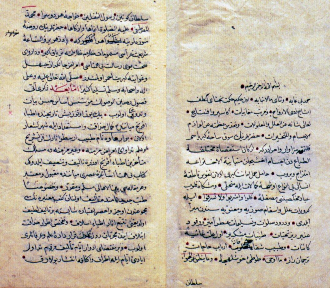 Hekimbaşı Abdülaziz Efendi’nin tercüme ettiği Kıtaâtü nekāve fî tercemeti kelimâti Boerhâve adlı eserin müellif nüshasının ilk iki sayfası(Süleymaniye Ktp., Esad Efendi, nr. 2462)