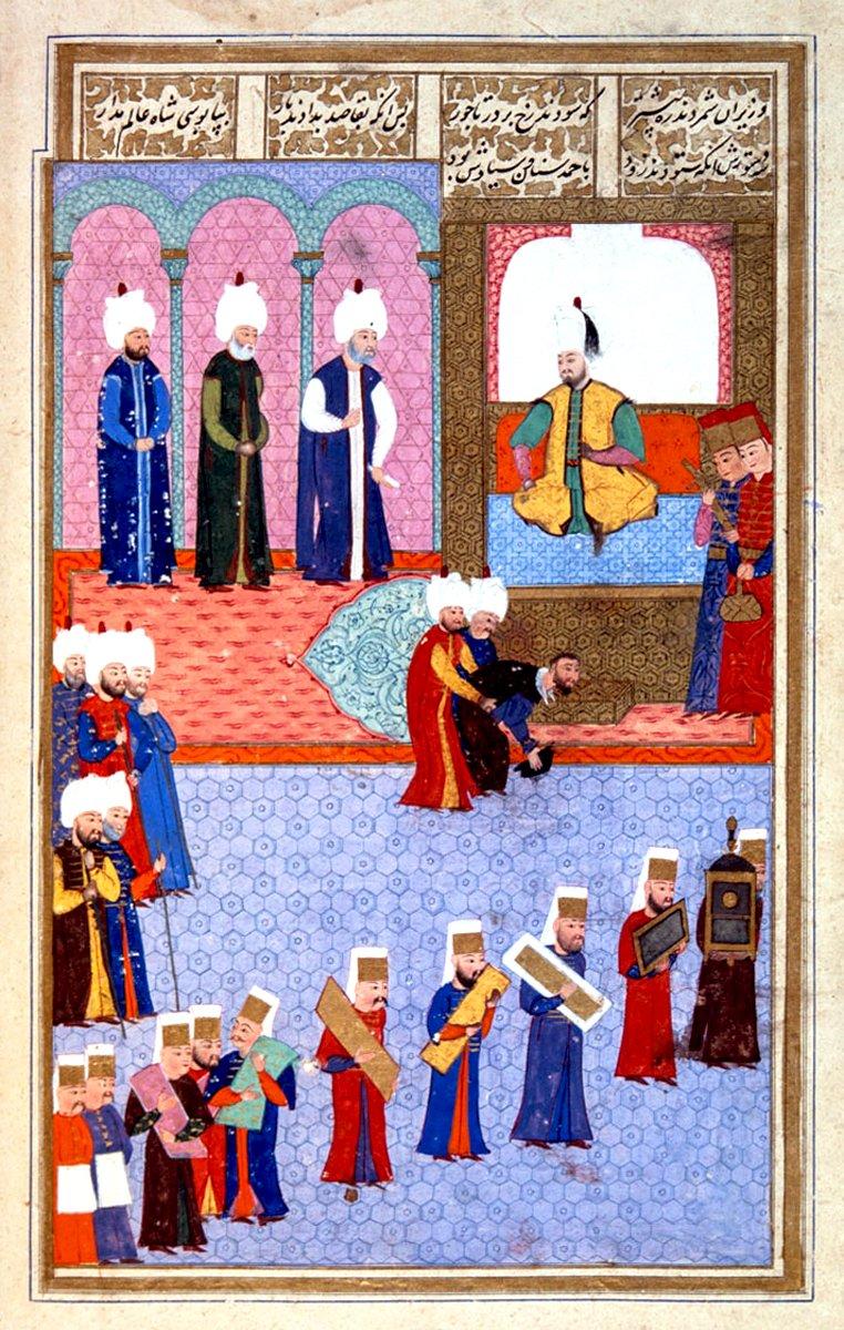 III. Murad’ın cülûs merasiminde İran elçisinin huzura kabulünü tasvir eden bir minyatür (Şehinşâhnâme, İÜ Ktp., FY, nr. 1404, vr. 41b)
