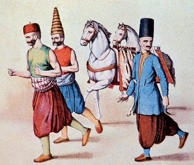Mezbahadan Etmeydanı’na beygirle et götüren seğirdim başçavuşu ve ustası ile orta kasabının tasviri (Ahmed Cevad, lv. 7)