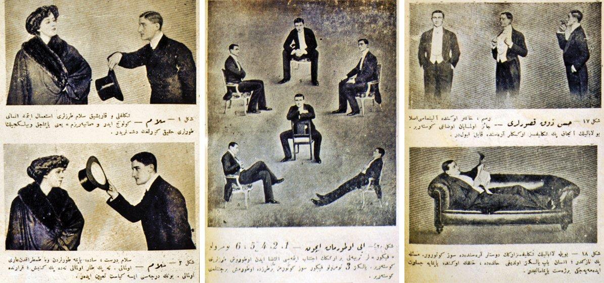 Batı âdâb-ı muâşeretinin aynen benimsenmesini sağlamak maksadıyla yayımlanan kitapların en önemlilerinden biri olan Abdullah Cevdet’in Mükemmel ve Resimli Âdâb-ı Muâşeret Rehberi adlı eserinden bazı sayfalar (İstanbul 1927)