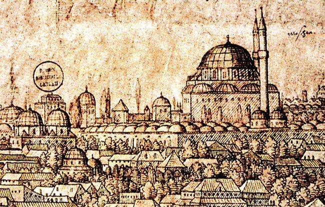XVI. yüzyılda Melchior Lorichs tarafından yapılan bir gravürde Eski Fâtih Camii’nin tasviri (M. And, 16. Yüzyılda İstanbul, İstanbul 1993, s. 21)