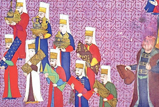 Çıldır eyaletinin ilk beylerbeyi Atabegli Mustafa (Minûçihr) Paşa’nın sarayda kabulünü gösteren bir minyatür (Şehinşâhnâme, İÜ Ktp., FY, nr. 1404, vr. 122a’dan detay)