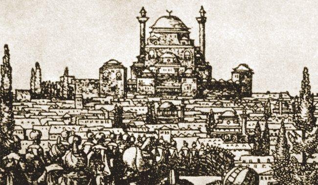 Eski Fâtih Camii’nin Pieter Coeck van Aalts tarafından yapılan bir gravürdeki görünüşü(Kunter – Ülgen, I, rs. 7)