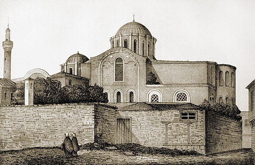 Zeyrek Kilise Camii’nin XIX. yüzyılın ikinci yarısında Galanakis tarafından çizilen gravürü (Paspatis, Byzantinai Meletai, İstanbul 1877, s. 310)