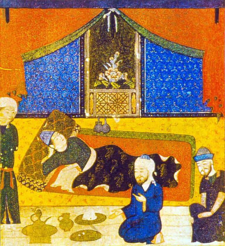 İbn Sînâ’yı, Kābûs b. Veşmgîr’in kara sevda hastalığına yakalanan yeğenini muayene ederken gösteren minyatür (Nizâmî-i Arûzî, Çehâr Maḳāle, TİEM, nr. 1954, vr. 43b)