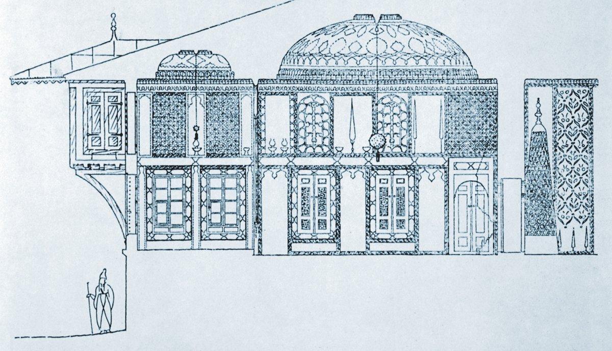 Edirne Sarayı Kum Kasrı’ndaki kışlık divanhânenin kesiti (Eldem, Köşkler ve Kasırlar, II, rs. 30)