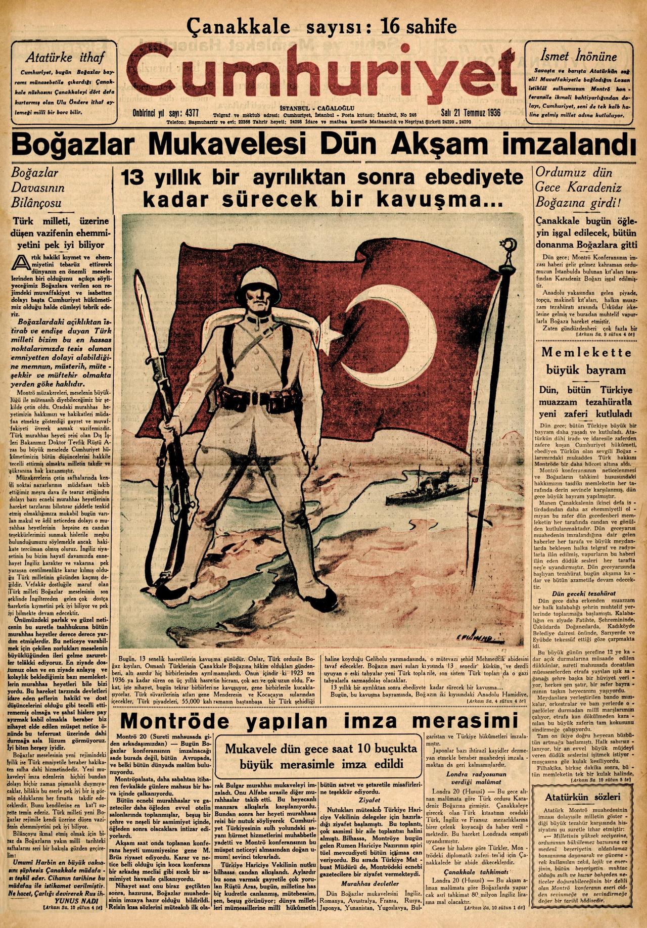Montrö Boğazlar Sözleşmesi’ninimzalandığına dair bir gazete haberi(Cumhuriyet, 21 Temmuz 1936)