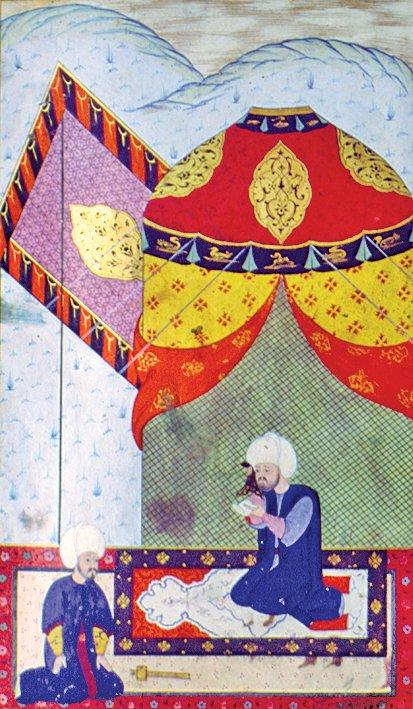 XVI. yüzyıla ait bir minyatürde eteği ve sâyebanı açılmış Osmanlı topak evi (Feridun Ahmed Bey, Nüzhetü’l-esrâri’l-ahbâr der Sefer-i Zigetvar, TSMK, Hazine, nr. 1339, vr. 41a)