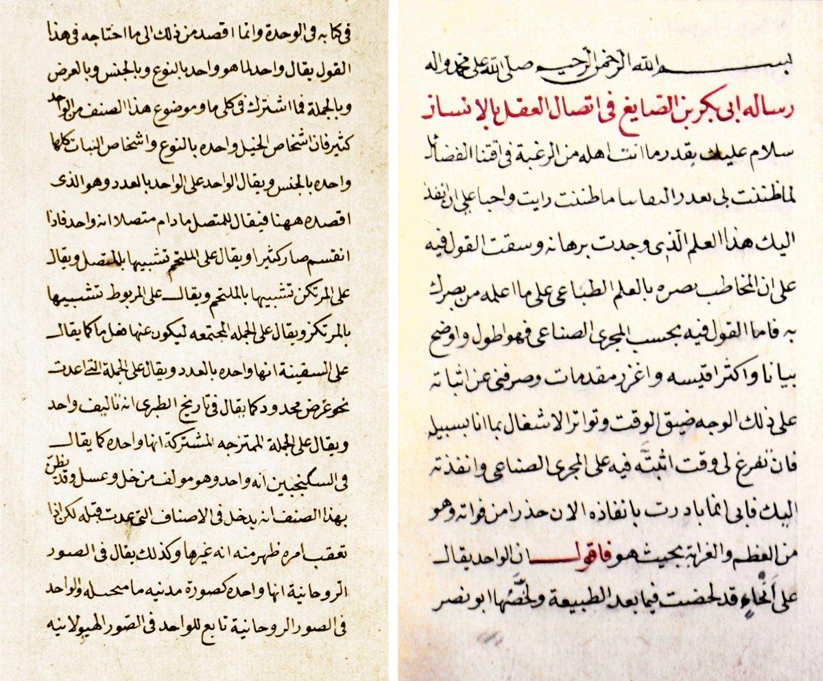 İbn Bâcce’nin İttiṣâlü’l-ʿaḳl bi’l-insân adlı eserinin ilk iki sayfası (Süleymaniye Ktp., Hacı Mahmud Efendi, nr. 5683/3)