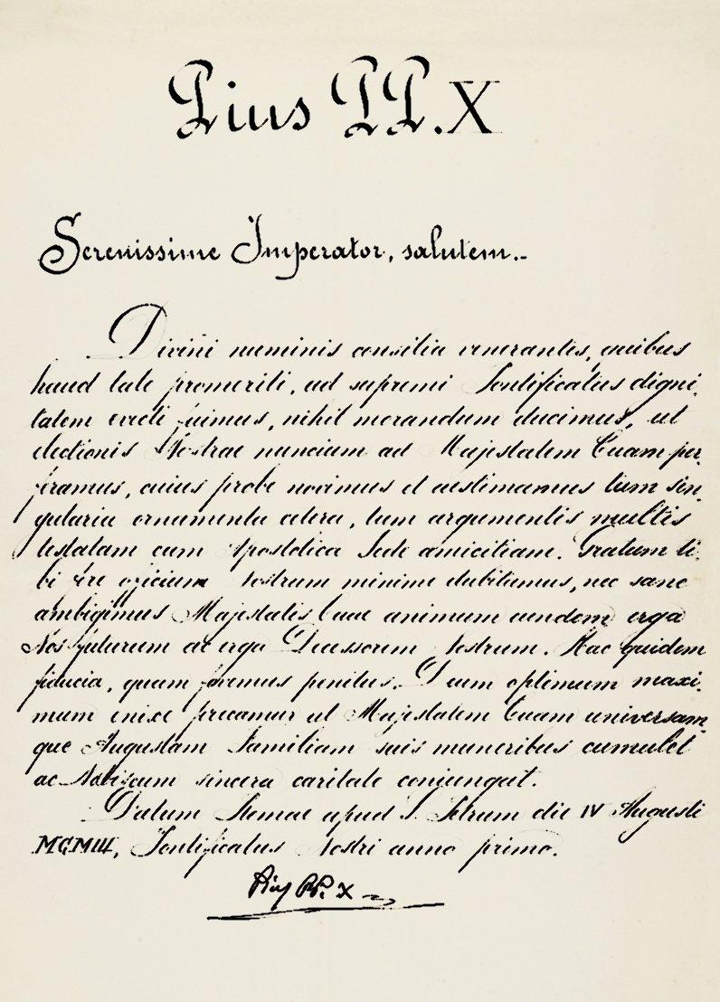 Papa X. Pius’un II. Abdülhamid’e papalık makamına oturduğunu bildiren 4 Ağustos 1903 tarihli nâmesi (BA, Y.PRK, NMH, nr. 9/54)