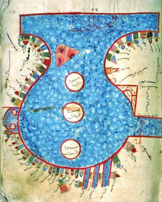 İstahrî’nin Mesâlikü’l-memâlik adlı eserindeDoğu Akdeniz’i gösteren harita(TSMK, III. Ahmed, nr. 3348, vr. 73a)
