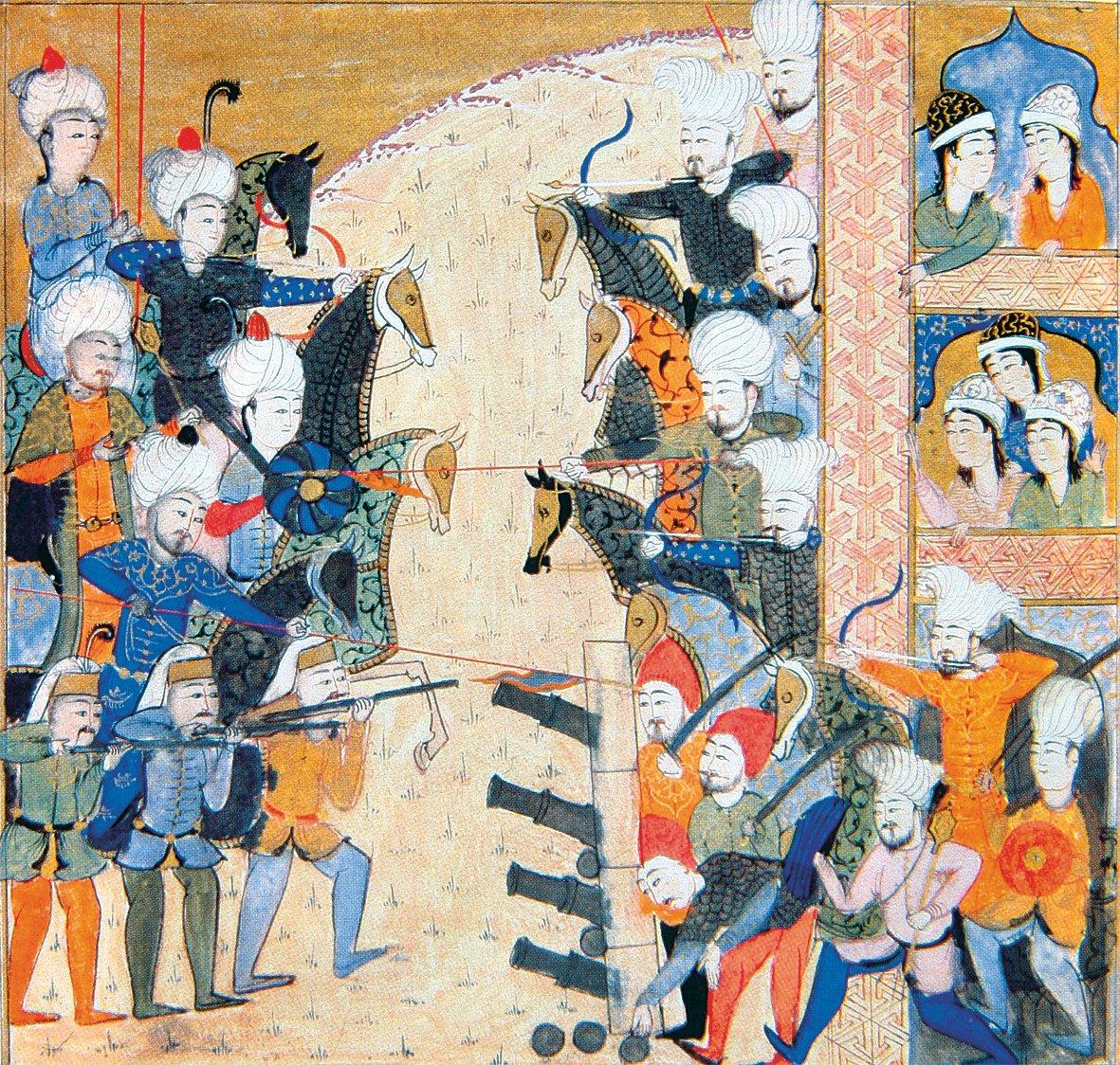 Ridâniye Savaşı’nı tasvir eden minyatürde yeniçerileri gösteren detay (Şükrî-i Bitlisî, Selimnâme, TSMK, Hazine, nr. 1597, vr. 235a)