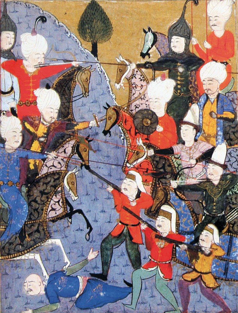 Yavuz Sultan Selim’in, kardeşi Şehzade Ahmed ile yaptığı savaşı tasvir eden minyatürde yeniçerileri gösteren detay (Şükrî-i Bitlisî, Selimnâme, TSMK, Hazine, nr. 1597, vr. 83b)