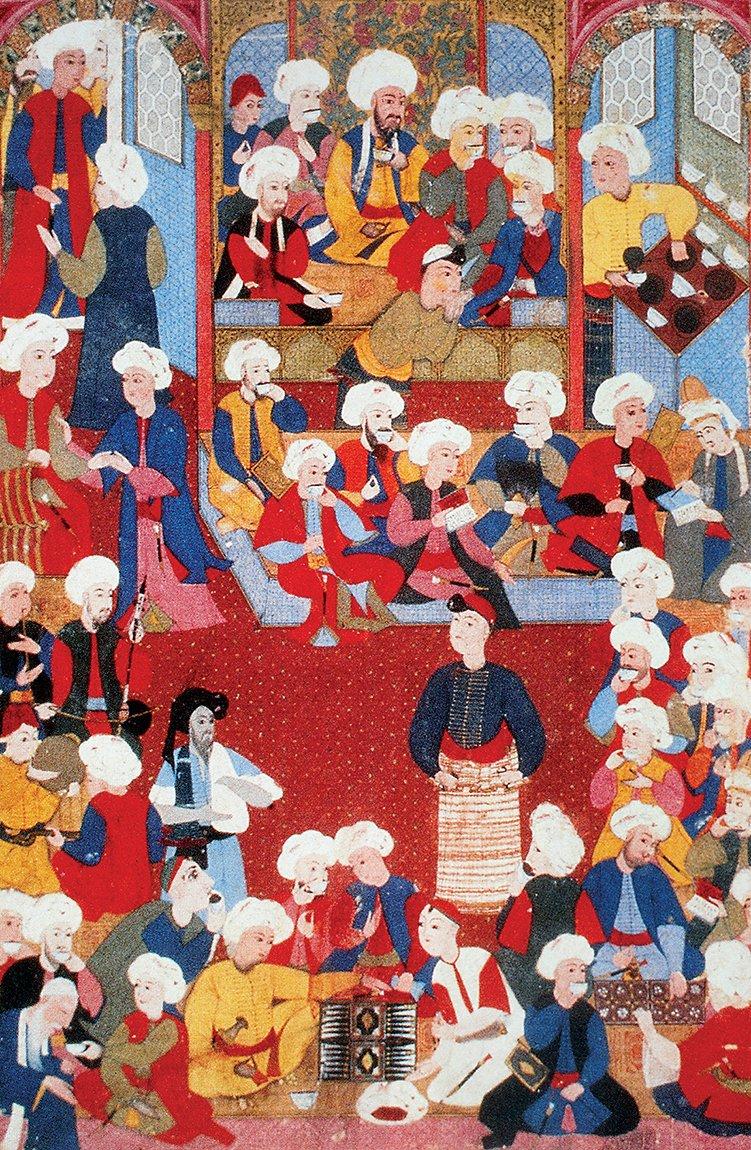 XVI. yüzyılda İstanbul’daki bir kahvehaneyi tasvir eden minyatür (The Chester Beatty Library, nr. 439, vr. 9a)
